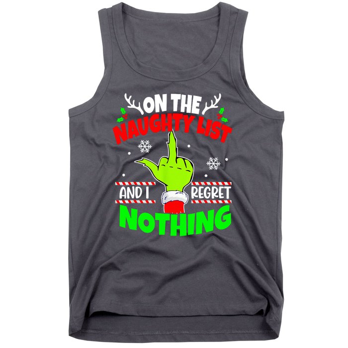 On The Naughty List And I Regret Nothing Middle Finger Funny Christmas Tank Top