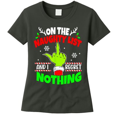 On The Naughty List And I Regret Nothing Middle Finger Funny Christmas Womens T-Shirt