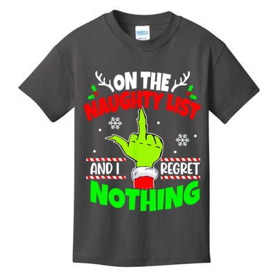 On The Naughty List And I Regret Nothing Middle Finger Funny Christmas Kids T-Shirt