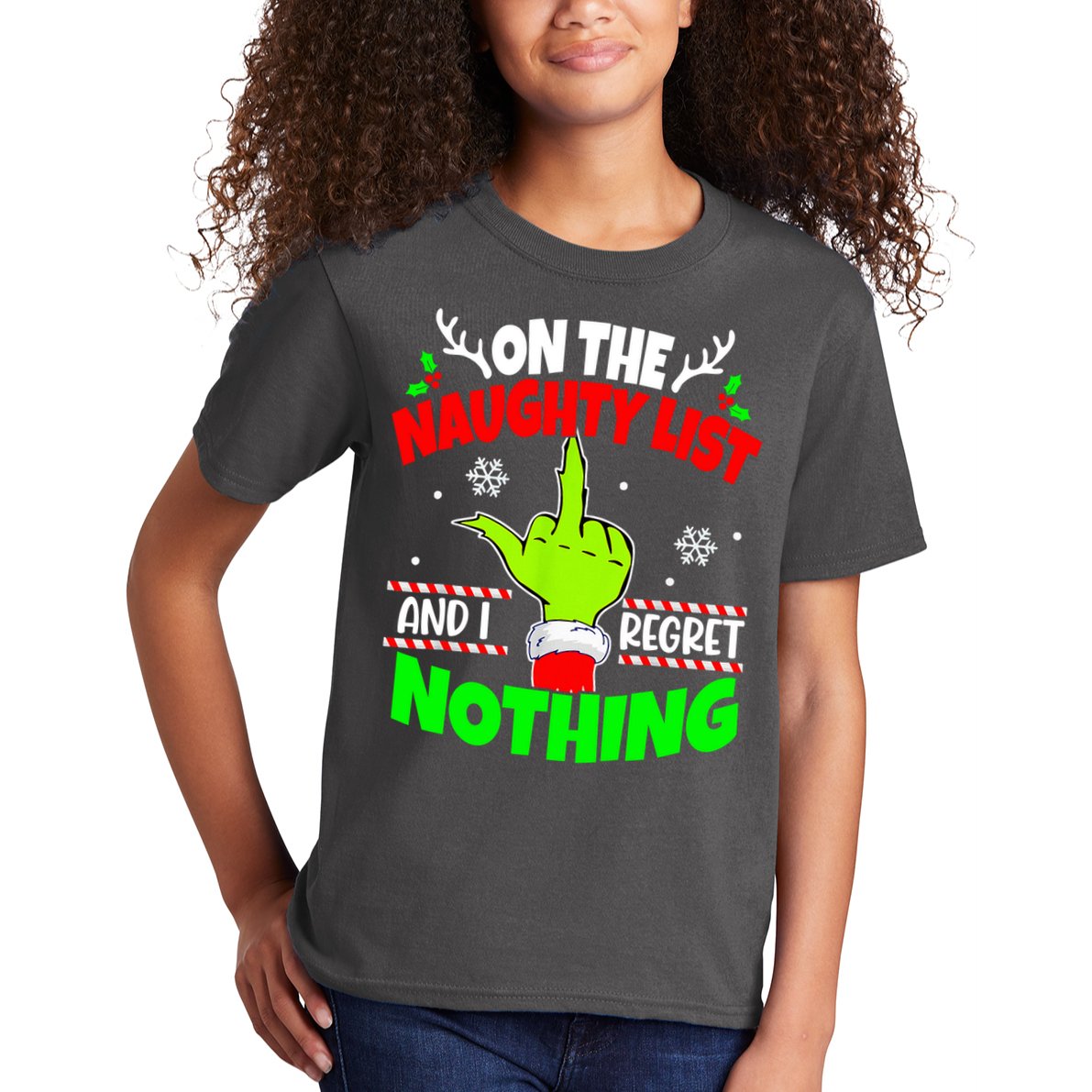 On The Naughty List And I Regret Nothing Middle Finger Funny Christmas Kids T-Shirt