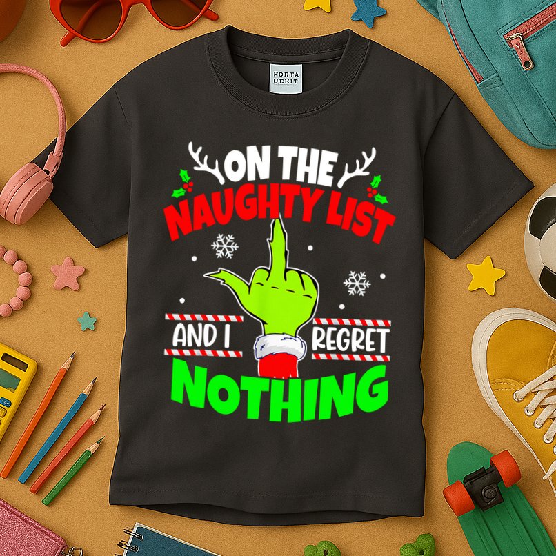 On The Naughty List And I Regret Nothing Middle Finger Funny Christmas Kids T-Shirt