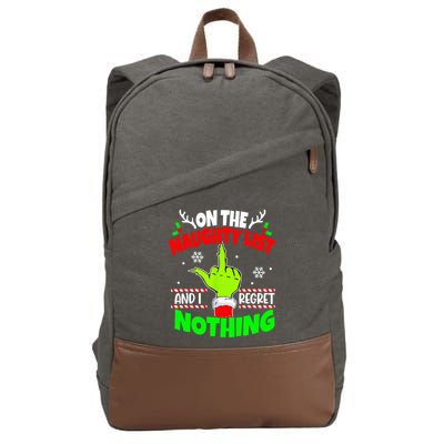 On The Naughty List And I Regret Nothing Middle Finger Funny Christmas Cotton Canvas Backpack