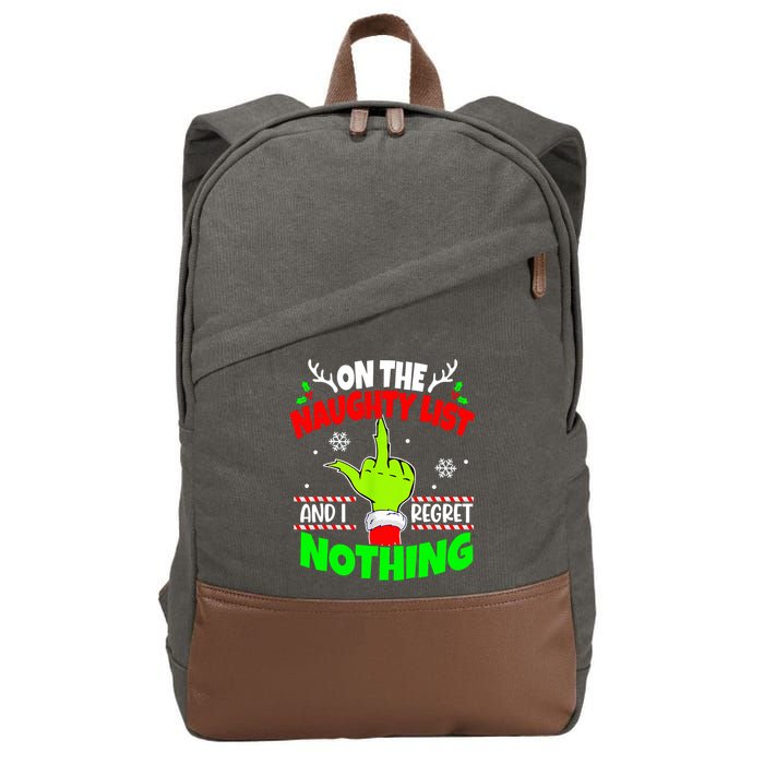On The Naughty List And I Regret Nothing Middle Finger Funny Christmas Cotton Canvas Backpack