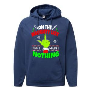 On The Naughty List And I Regret Nothing Middle Finger Funny Christmas Performance Fleece Hoodie