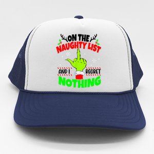 On The Naughty List And I Regret Nothing Middle Finger Funny Christmas Trucker Hat