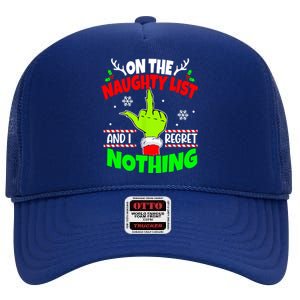 On The Naughty List And I Regret Nothing Middle Finger Funny Christmas High Crown Mesh Back Trucker Hat