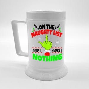 On The Naughty List And I Regret Nothing Middle Finger Funny Christmas Beer Stein