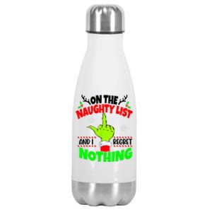 On The Naughty List And I Regret Nothing Middle Finger Funny Christmas Stainless Steel Insulated Water Bottle