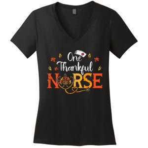 One Thankful Nurse Turkey Thanksgiving Scrub Top Fall Women's V-Neck T-Shirt