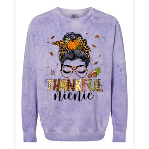 One Thankful Nienie Messy Bun Leopard Thanksgiving Family Gift Colorblast Crewneck Sweatshirt