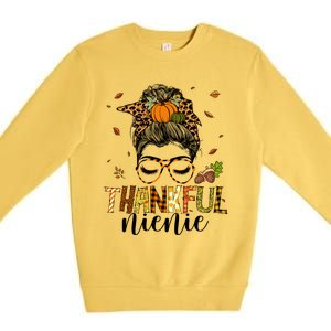 One Thankful Nienie Messy Bun Leopard Thanksgiving Family Gift Premium Crewneck Sweatshirt