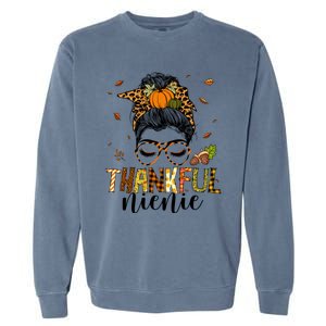 One Thankful Nienie Messy Bun Leopard Thanksgiving Family Gift Garment-Dyed Sweatshirt