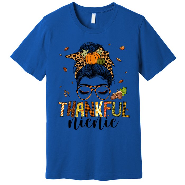 One Thankful Nienie Messy Bun Leopard Thanksgiving Family Gift Premium T-Shirt