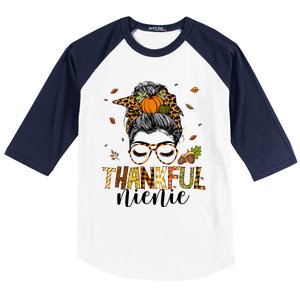 One Thankful Nienie Messy Bun Leopard Thanksgiving Family Gift Baseball Sleeve Shirt