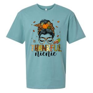 One Thankful Nienie Messy Bun Leopard Thanksgiving Family Gift Sueded Cloud Jersey T-Shirt