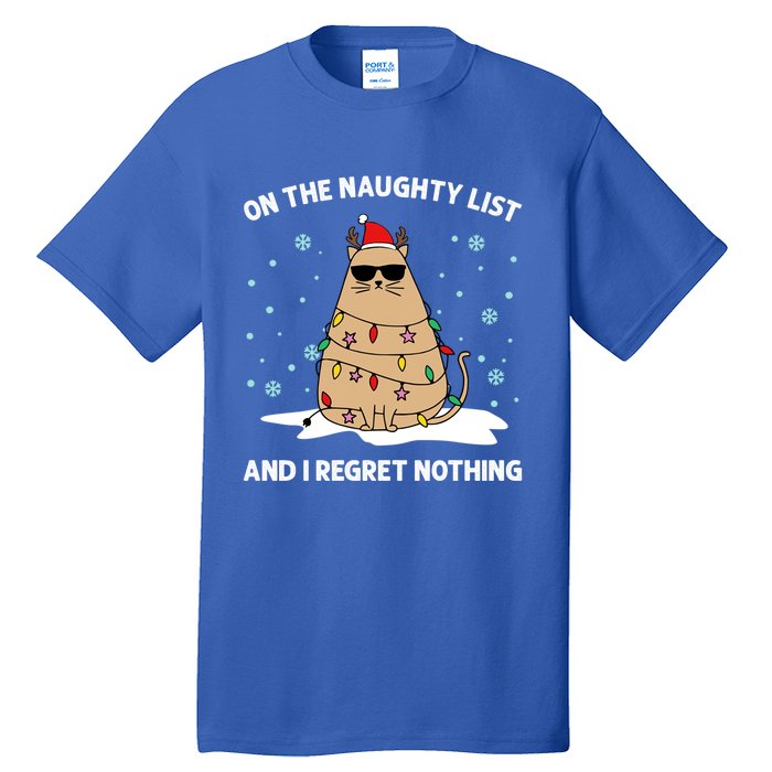 On The Naughty List And I Regret Nothing Cat Christmas Light Gift Tall T-Shirt