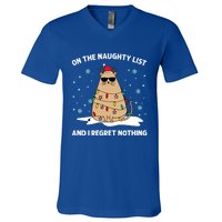 On The Naughty List And I Regret Nothing Cat Christmas Light Gift V-Neck T-Shirt