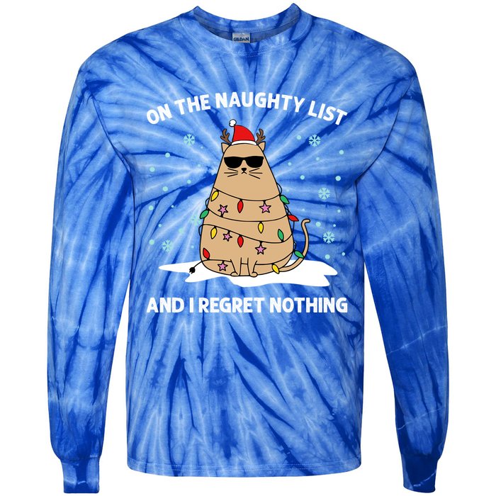 On The Naughty List And I Regret Nothing Cat Christmas Light Gift Tie-Dye Long Sleeve Shirt