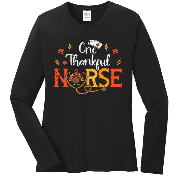 One Thankful Nurse Turkey Thanksgiving Scrub Top Fall Ladies Long Sleeve Shirt