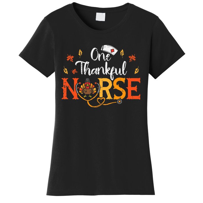 One Thankful Nurse Turkey Thanksgiving Scrub Top Fall Women's T-Shirt