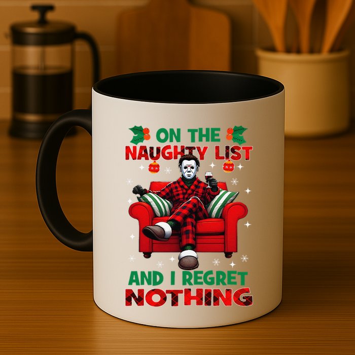 On The Naughty List And I Regret Nothing Horror Christmas Mug