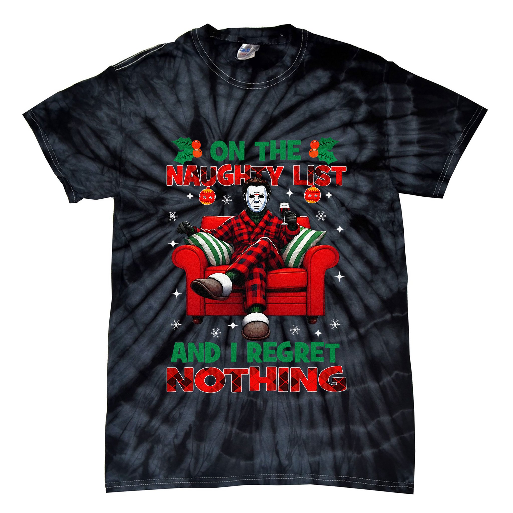 On The Naughty List And I Regret Nothing Horror Christmas Tie-Dye T-Shirt