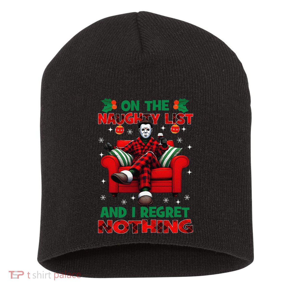 On The Naughty List And I Regret Nothing Horror Christmas Short Acrylic Beanie