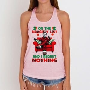 On The Naughty List And I Regret Nothing Horror Christmas Women's Knotted Racerback Tank