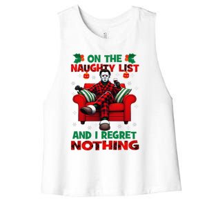 On The Naughty List And I Regret Nothing Horror Christmas Women's Racerback Cropped Tank