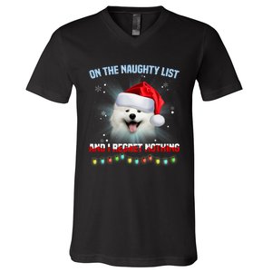 On The Naughty List And I Regret Nothing Samoyed Christmas V-Neck T-Shirt