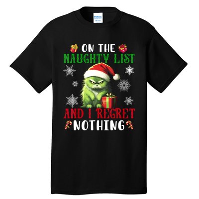 On The Naughty List And I Regret Nothing Cat Christmas Lover Tall T-Shirt