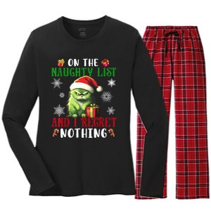 On The Naughty List And I Regret Nothing Cat Christmas Lover Women's Long Sleeve Flannel Pajama Set 