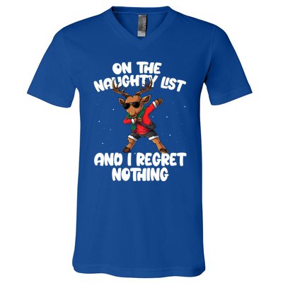 On The Naughty List And I Regret Nothing Reindeer Dabbing Gift V-Neck T-Shirt