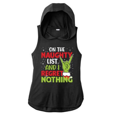 On The Naughty List And I Regret Nothing Funny Christmas Ladies PosiCharge Tri-Blend Wicking Draft Hoodie Tank