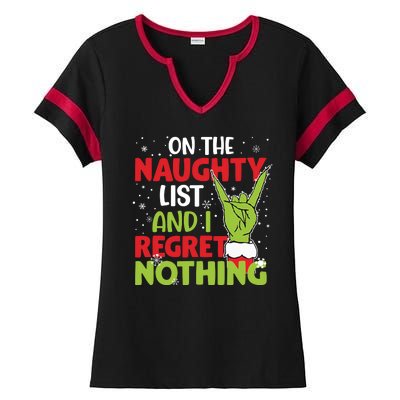 On The Naughty List And I Regret Nothing Funny Christmas Ladies Halftime Notch Neck Tee