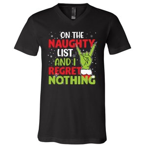 On The Naughty List And I Regret Nothing Funny Christmas V-Neck T-Shirt