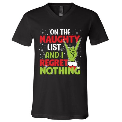 On The Naughty List And I Regret Nothing Funny Christmas V-Neck T-Shirt