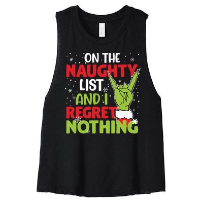 On The Naughty List And I Regret Nothing Funny Christmas Women's Racerback Cropped Tank