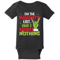 On The Naughty List And I Regret Nothing Funny Christmas Baby Bodysuit