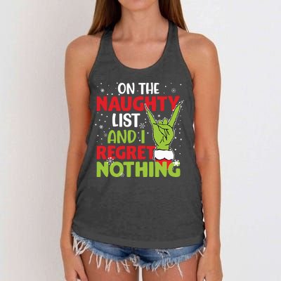 On The Naughty List And I Regret Nothing Funny Christmas Women's Knotted Racerback Tank