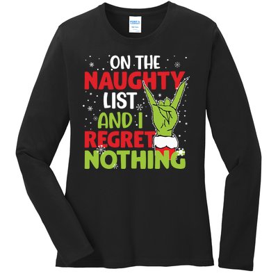 On The Naughty List And I Regret Nothing Funny Christmas Ladies Long Sleeve Shirt