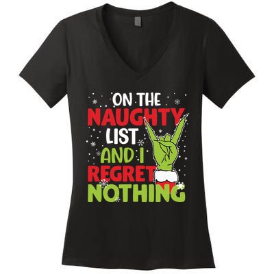 On The Naughty List And I Regret Nothing Funny Christmas Women's V-Neck T-Shirt