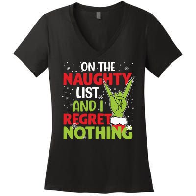 On The Naughty List And I Regret Nothing Funny Christmas Women's V-Neck T-Shirt