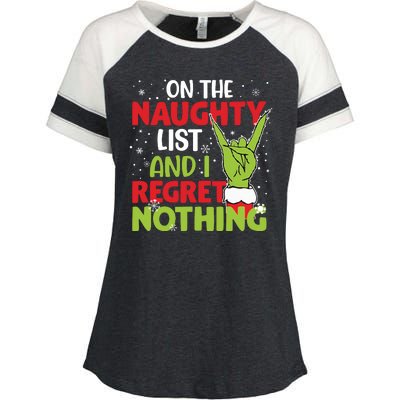 On The Naughty List And I Regret Nothing Funny Christmas Enza Ladies Jersey Colorblock Tee