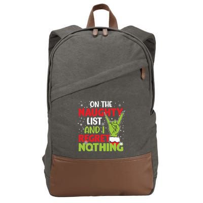 On The Naughty List And I Regret Nothing Funny Christmas Cotton Canvas Backpack