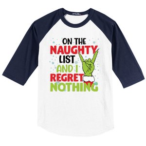 On The Naughty List And I Regret Nothing Funny Christmas Baseball Sleeve Shirt