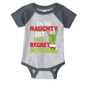 On The Naughty List And I Regret Nothing Funny Christmas Infant Baby Jersey Bodysuit