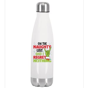 On The Naughty List And I Regret Nothing Funny Christmas Stainless Steel Insulated Water Bottle