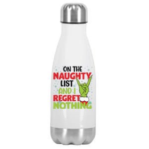 On The Naughty List And I Regret Nothing Funny Christmas Stainless Steel Insulated Water Bottle