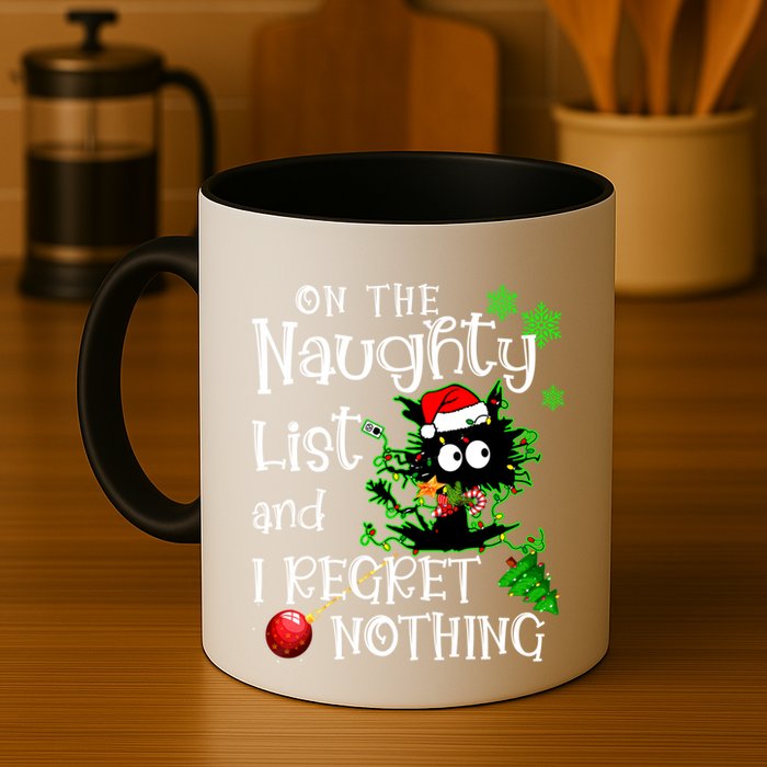 On The Naughty List And I Regret Nothing Xmas Cat Lights Gift Mug